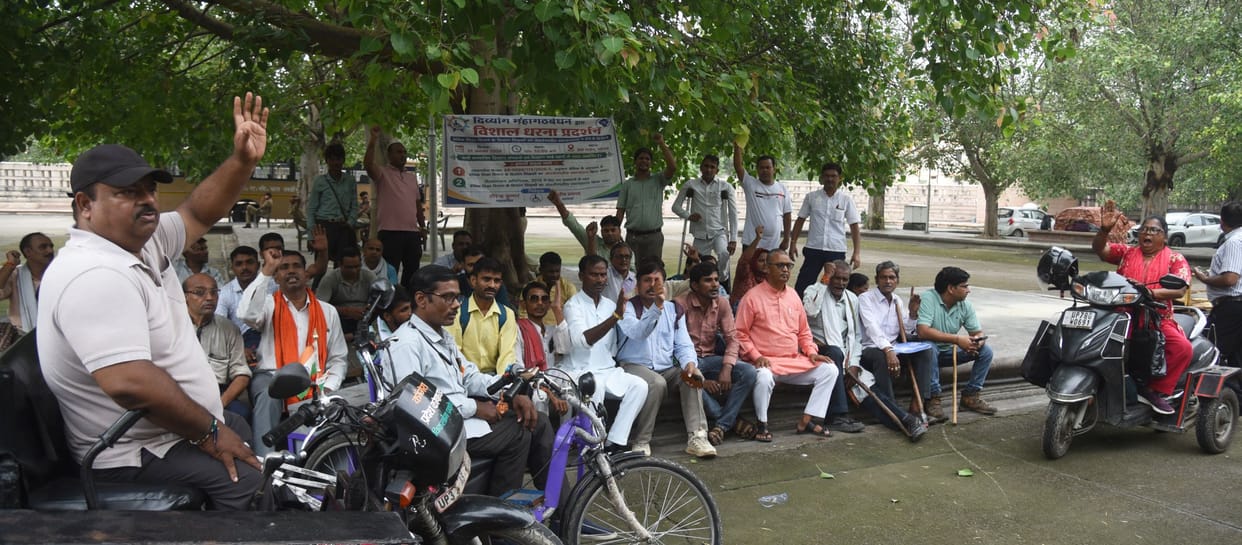 Differently-abled teachers staged a protest seeking inter-district transfers.