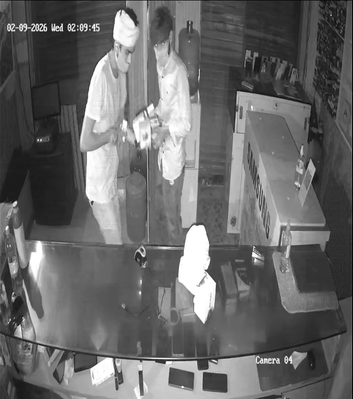 Shutter lock broken; 16 mobile phones worth four lakh rupees and other items stolen.