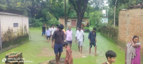 Homes of 15 families surrounded by water due to lack of drainage.
