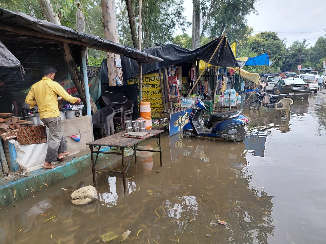 Torrential rain causes havoc; water reaches the Collectorate, submerging roads and shops.