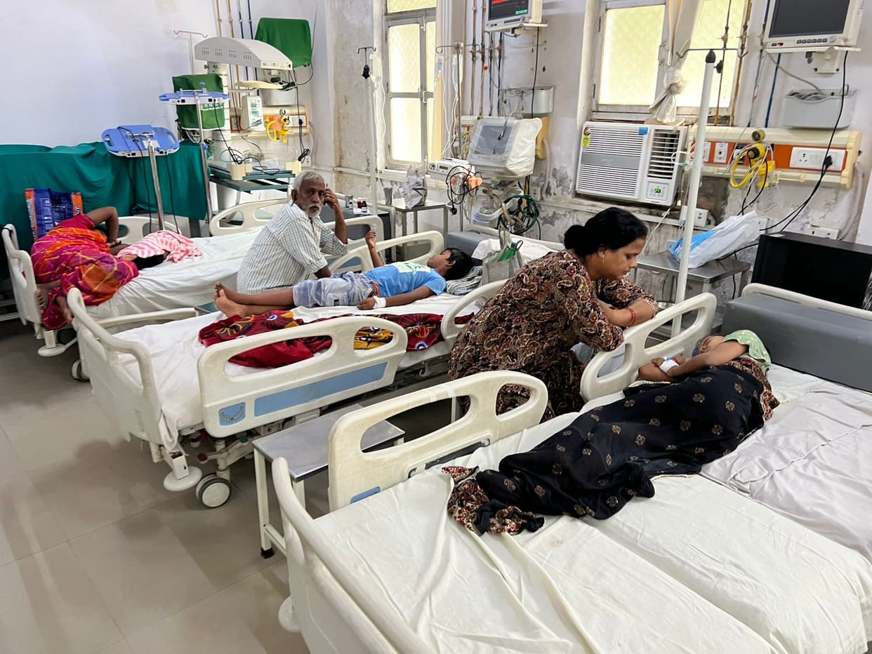 All wards at the district hospital are full with viral fever patients; 70 percent of the children in the PICU are suffering from scrub typhus.