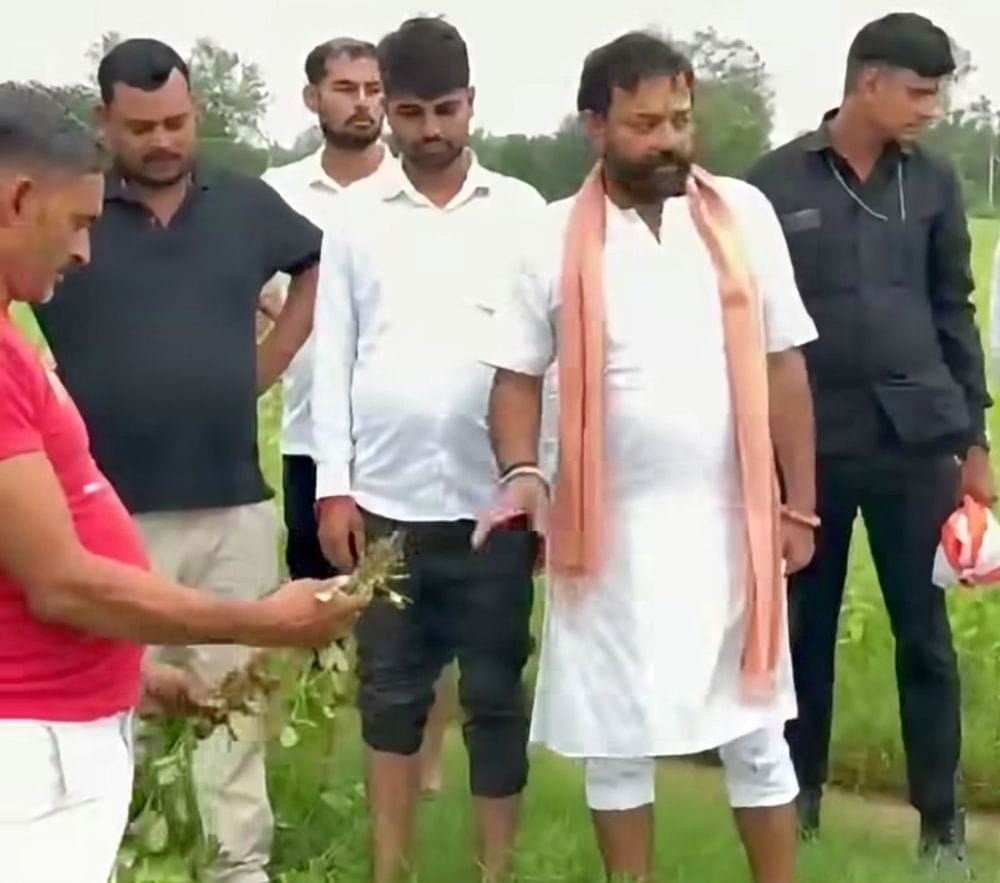 फोटो 04 एमएएचपी 16 परिचय-तहसील कुलपहाड़ स्थित खेतों में जाकर बर्बाद फसलों को देखते चरखारी विधाय