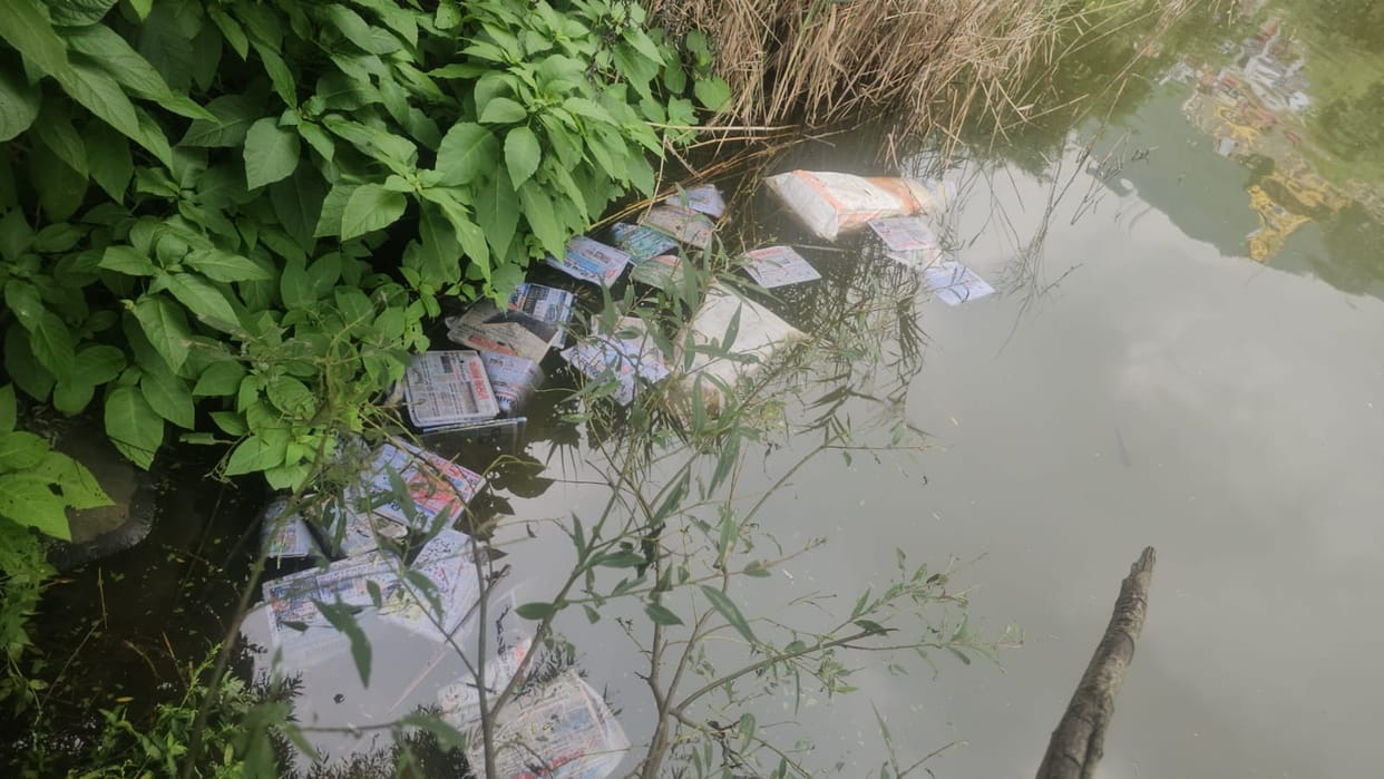Waste newspaper bags thrown into Rewalsar Lake, causing environmental damage
