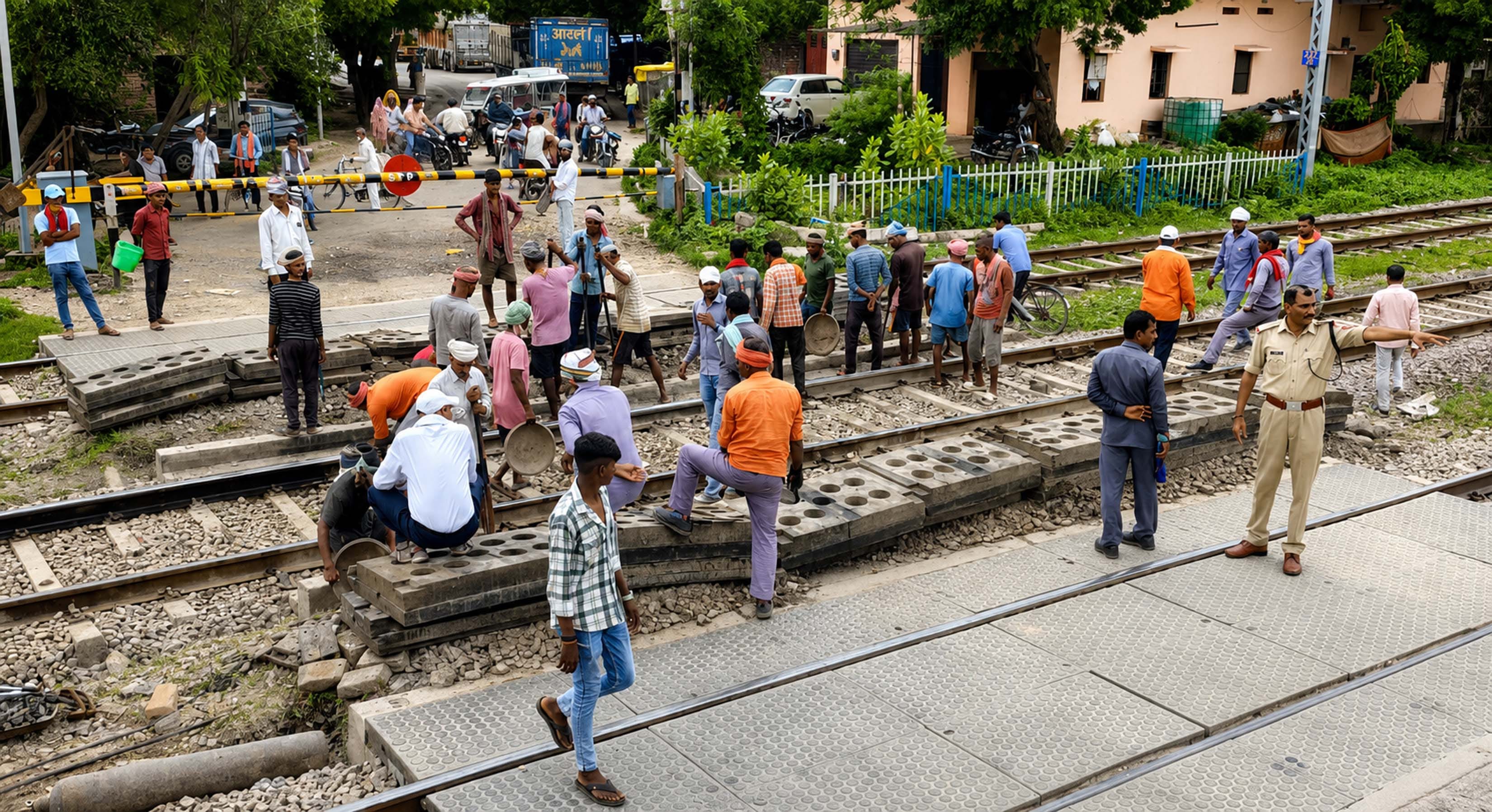 भदोही नगर के पकरी रेलवे फाटक पर हो रहा मरम्मत कार्य। स्रोत- संवाद