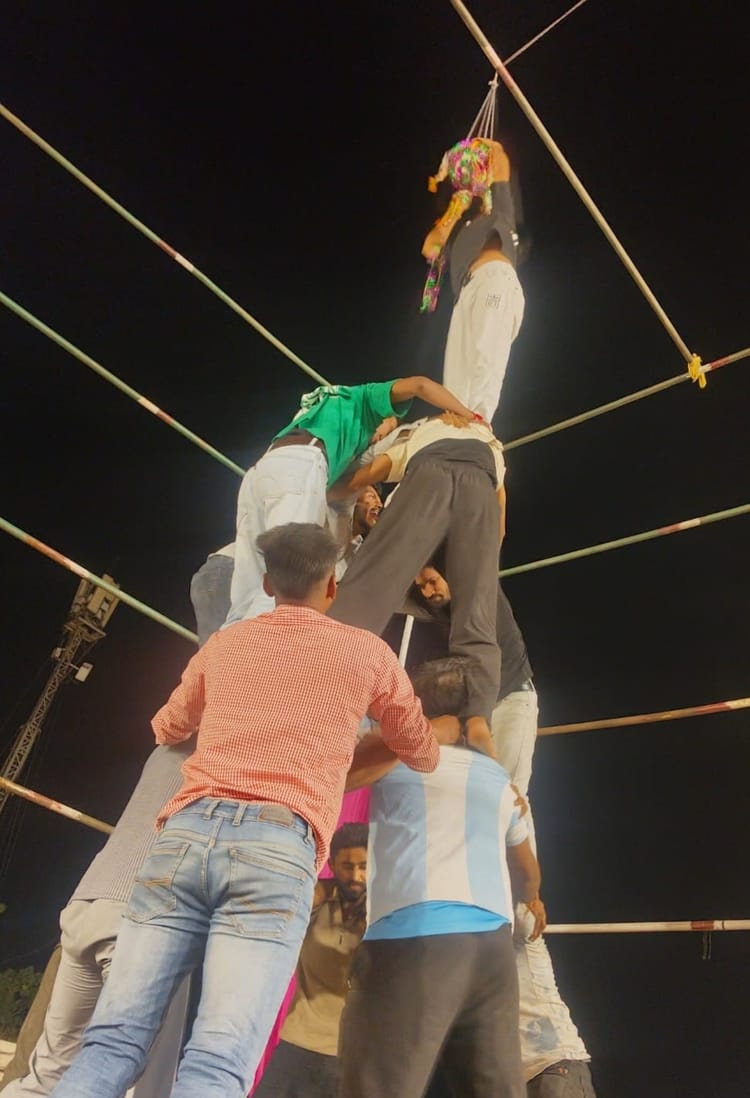 Bholaram's team wins the Dahi Handi breaking event for the third consecutive time.