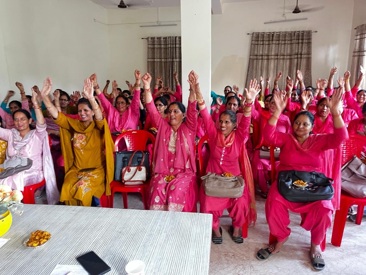 झंडूता के सुन्हाणी में आयोजित खंड स्तरीय आशा कार्यकर्ता संघ की बैठक में मौजूद सदस्य। स्रोत: संघ