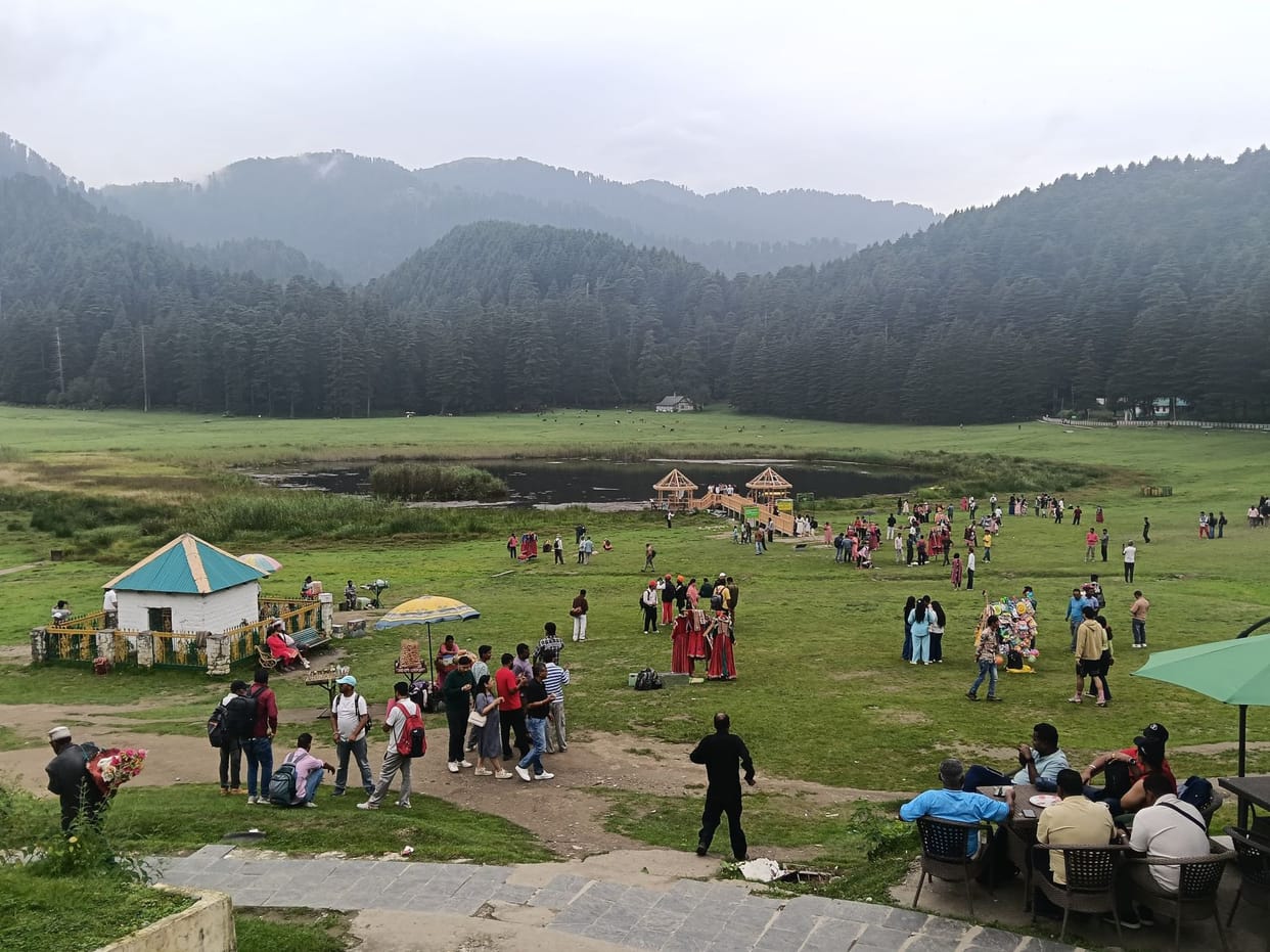 Bustle returns to Khajjiar over the weekend; the meadow comes alive with tourists.