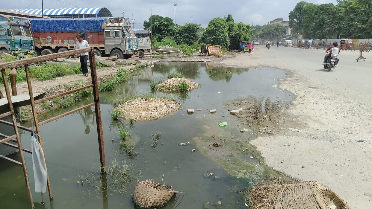 The road near the Commissioner's office has caved in at three places; the stretch in front of the Municipal Council office is also in a dilapidated state.