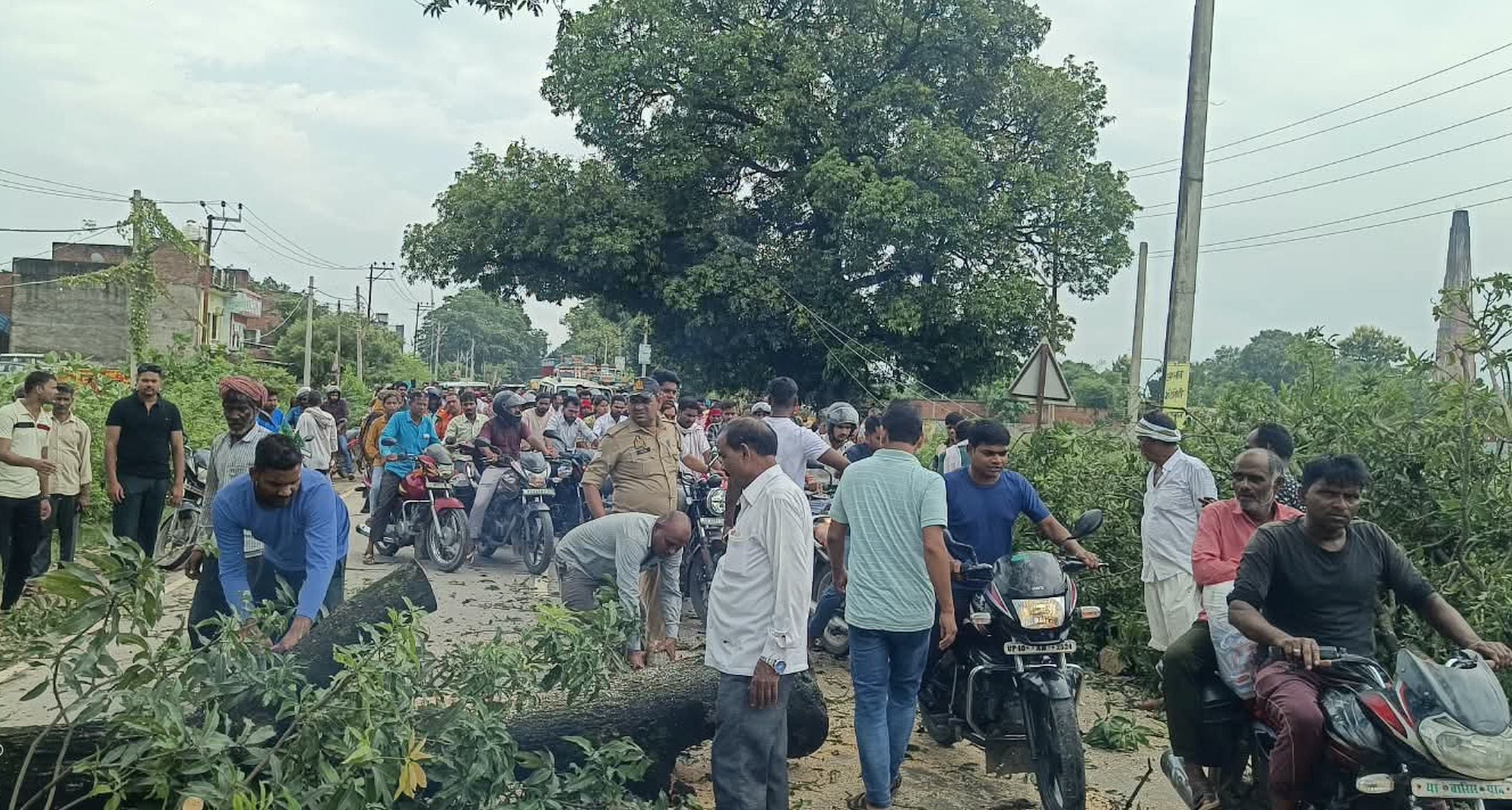 पयागपुर क्षेत्र के बहराइच- गोंडा मार्ग पर पेड़ से टूटकर गिरी डाल से यातायात रहा बाधित।