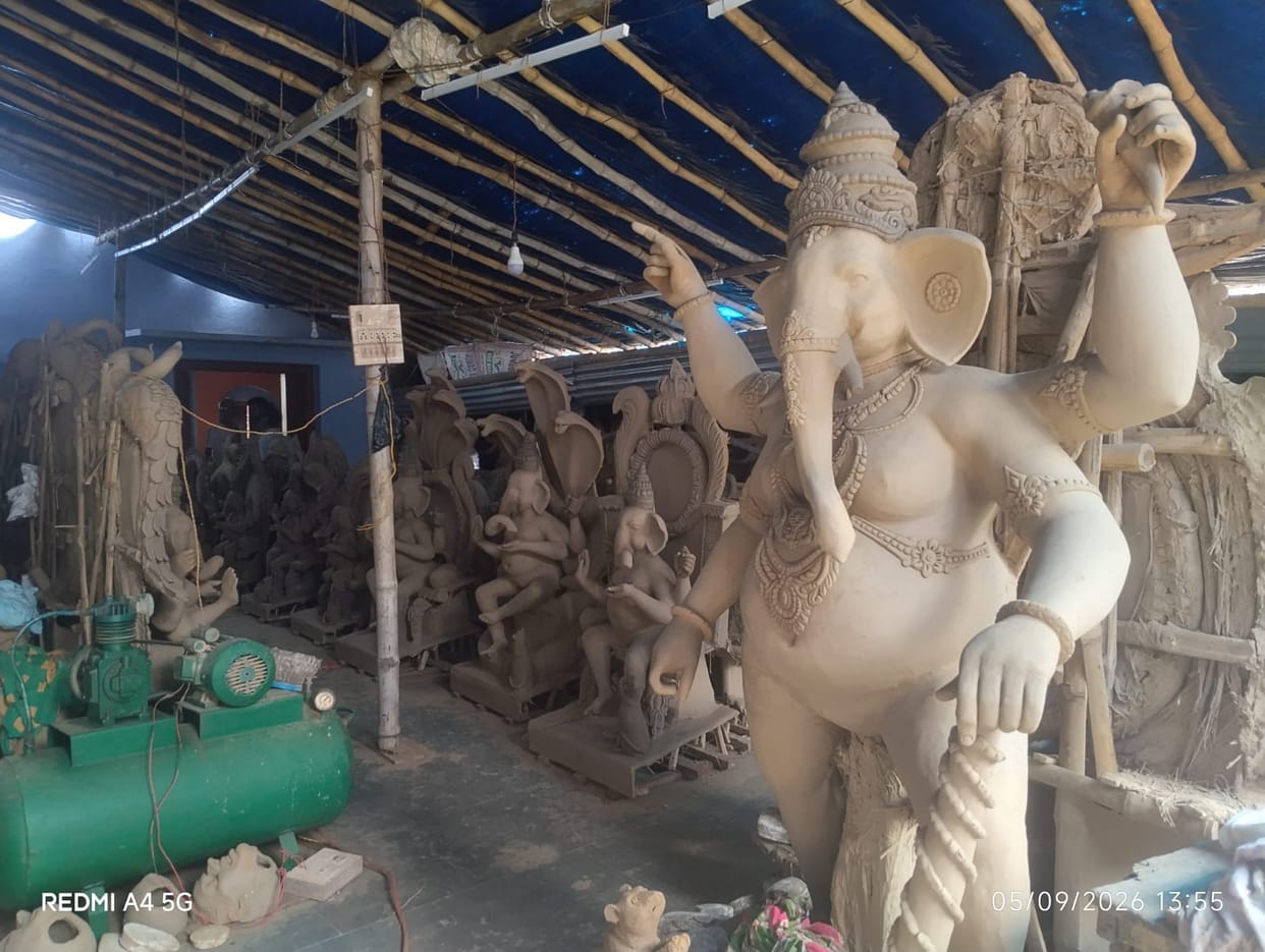 Idol market buzzes with the approaching Ganeshotsav; decoration materials become costlier.