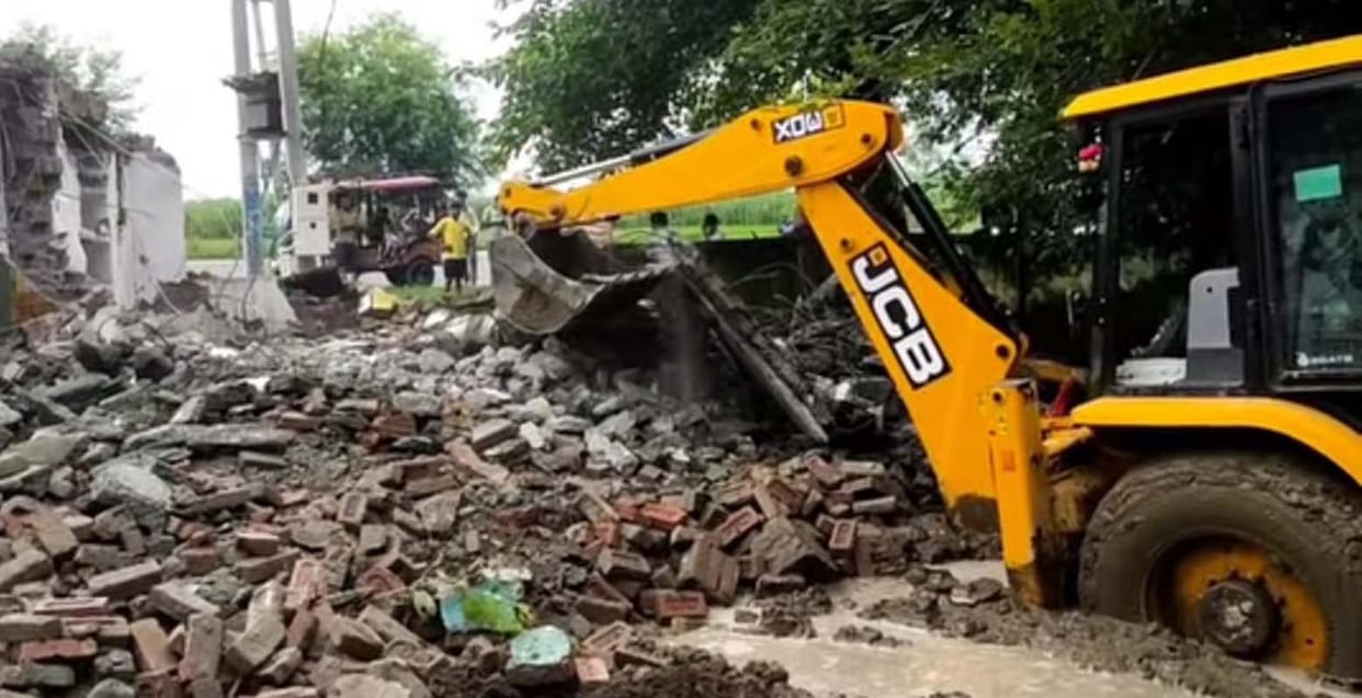 The dilapidated school building was demolished using a JCB.