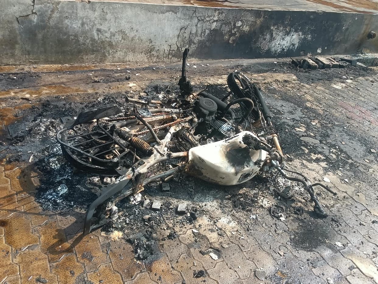 Bike burnt due to spark from transformer