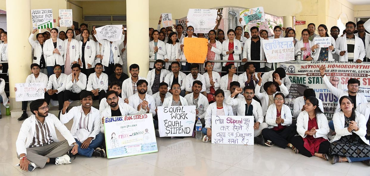 AYUSH intern doctors protest demanding a stipend hike