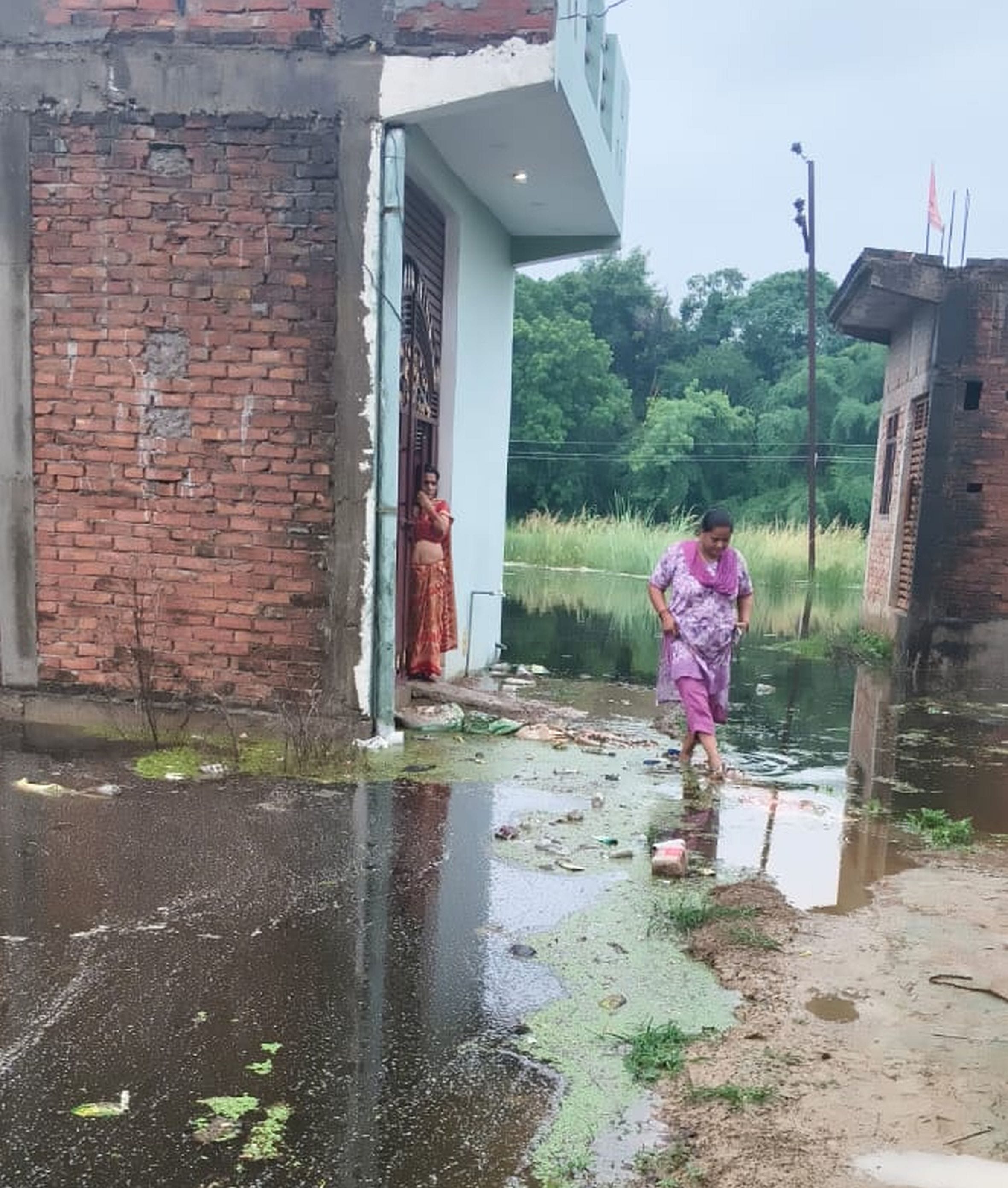 मुसाफिरखाना के पलिया पूरब गांव के जोगी बीरान कालोनी में जलभराव के बीच गुजरती महिलाएं। स्रोत- ग्