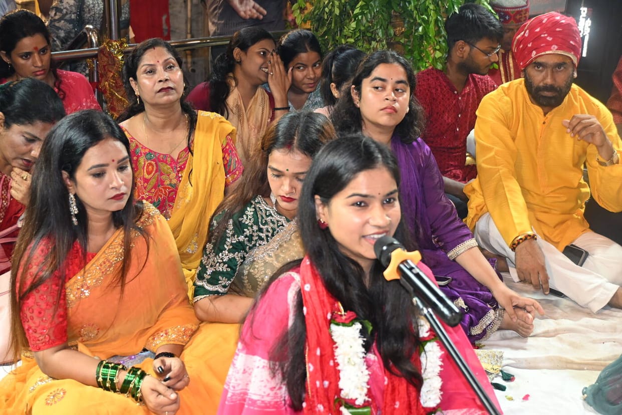 Mother Kushmanda adorned with Banarasi saree and red chunni, adorned with voice, rhythm and beat