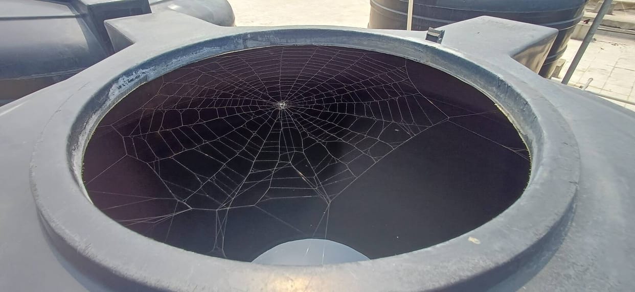 Dirty water in tanks on the sub-divisional building's roof; lids missing and cobwebs forming.