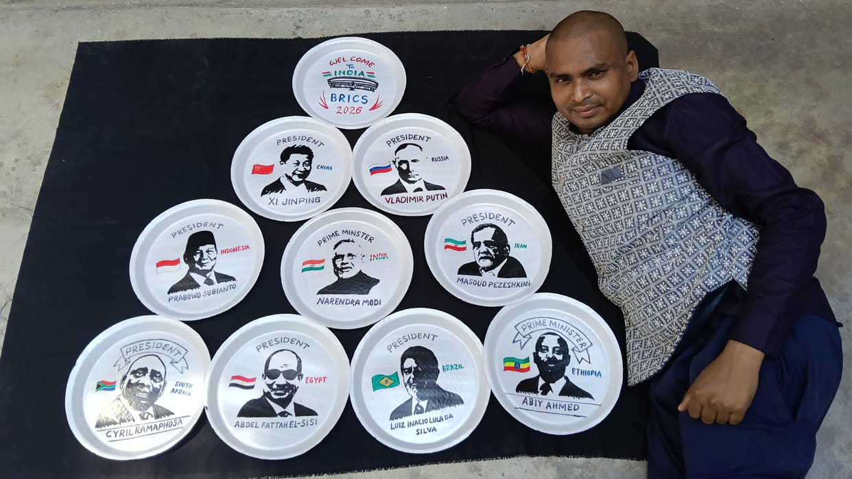 Bihar Artist Creates BRICS Leaders’ Portraits on Leaf Plates