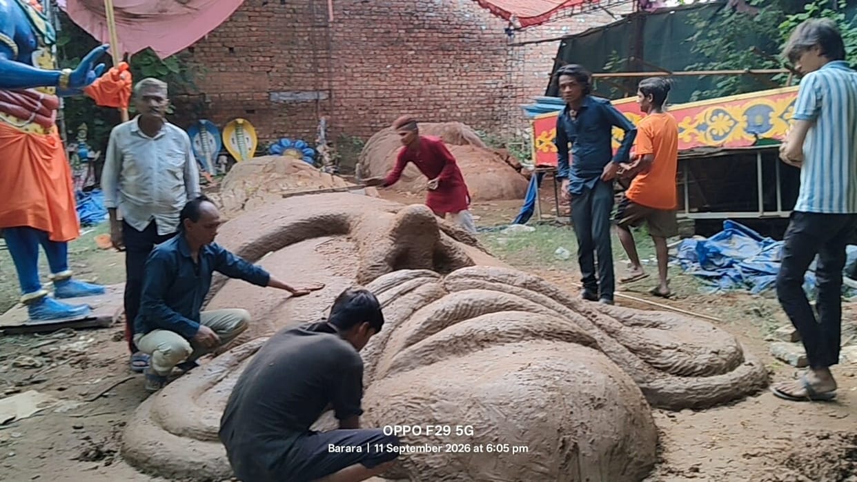 100-foot-tall Ravana being prepared in Barara; to be set ablaze via remote control.