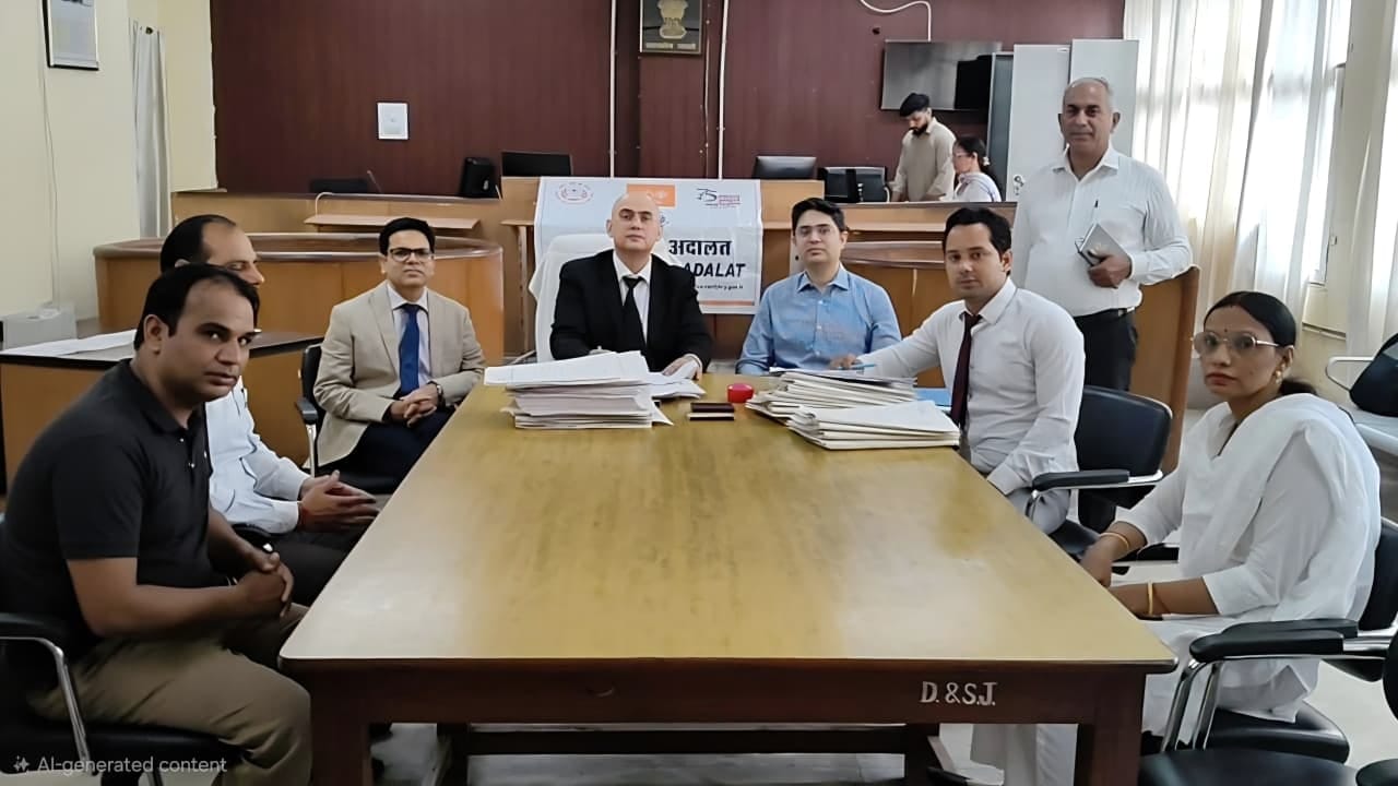 रेवाड़ी में आयोजित लोक अदालत में सुनवाई करते जज। स्त्रोत: प्रशासन