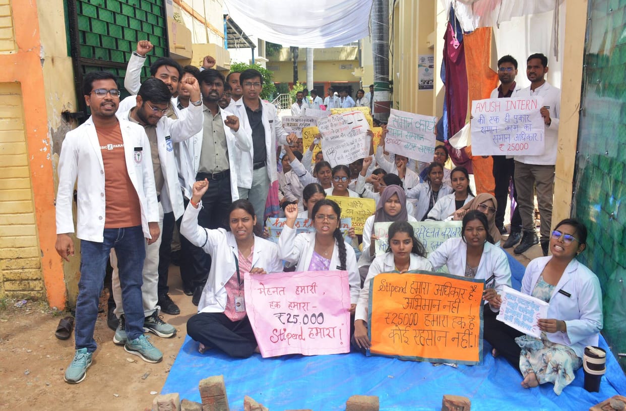 AYUSH trainees staged a protest on the third day as well.