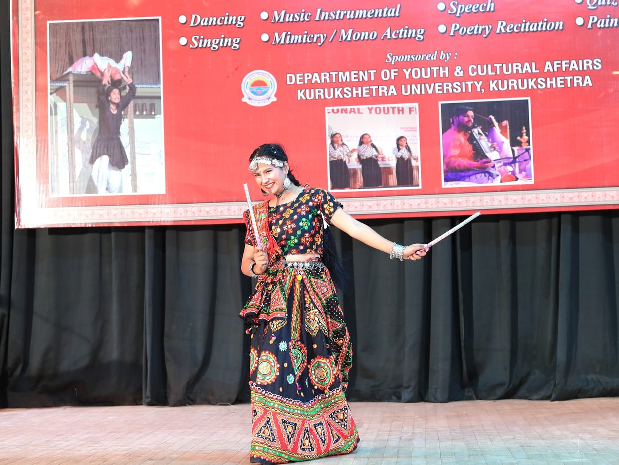 Students at Arya PG College danced to the song "Duniya Mein Hoga Naam Mhare Haryana Ka."