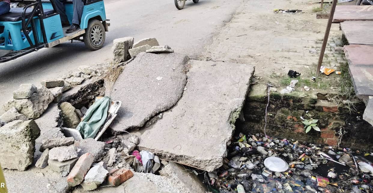 Roadside cave-in creates a pothole on Ramtal Road.