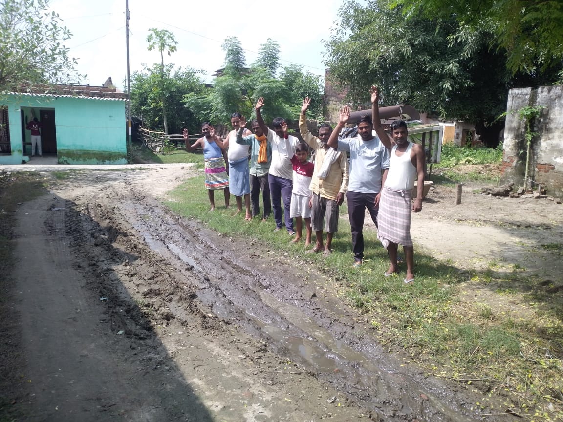 Villagers staged a protest after the road was damaged due to waterlogging.