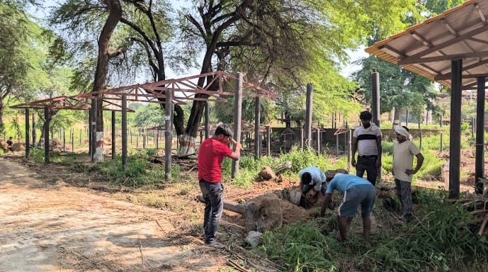 Staff engaged in preparations and cleaning for the Surajkund Diwali Mela.