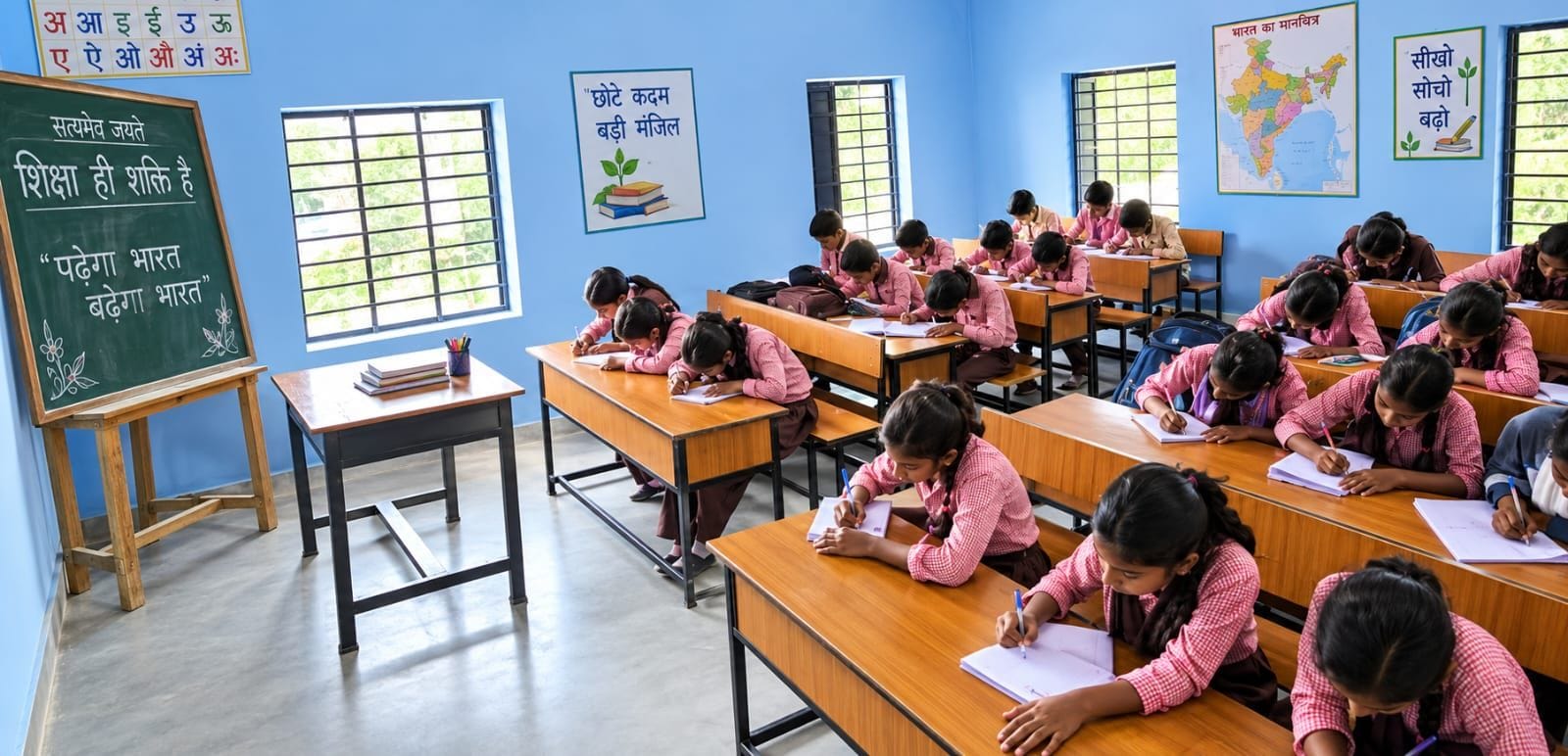 फोटो-11- करीमाबाद के उच्च प्राथमिक स्कूल में निबंध प्रतियोगिता में प्रतिभाग करते छात्र-छात्राएं