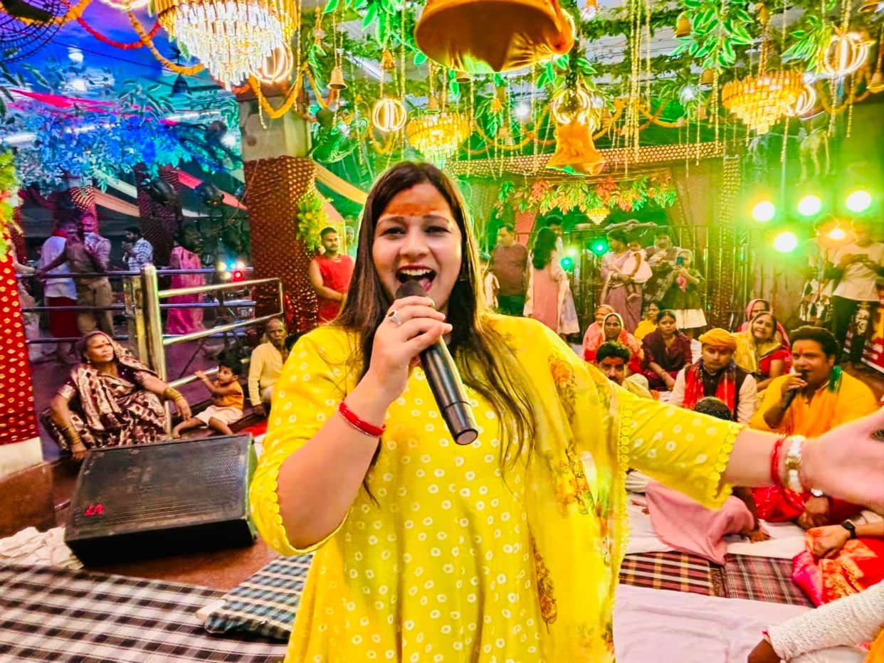 Maa Vindhyavasini's shrine decked up for Teej; devotees sway to devotional songs.