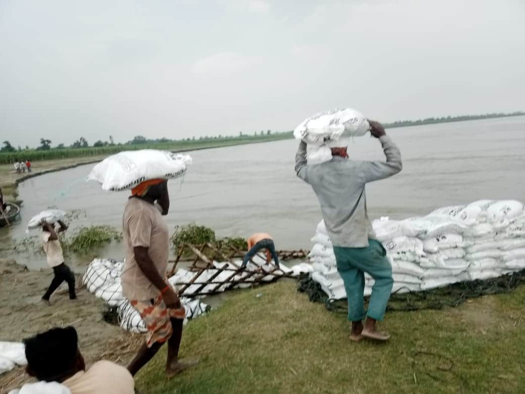 बझेड़ा में कटान निरोधक परियोजना की मरम्मत करते मजदूर। स्रोत:  ग्रामीण