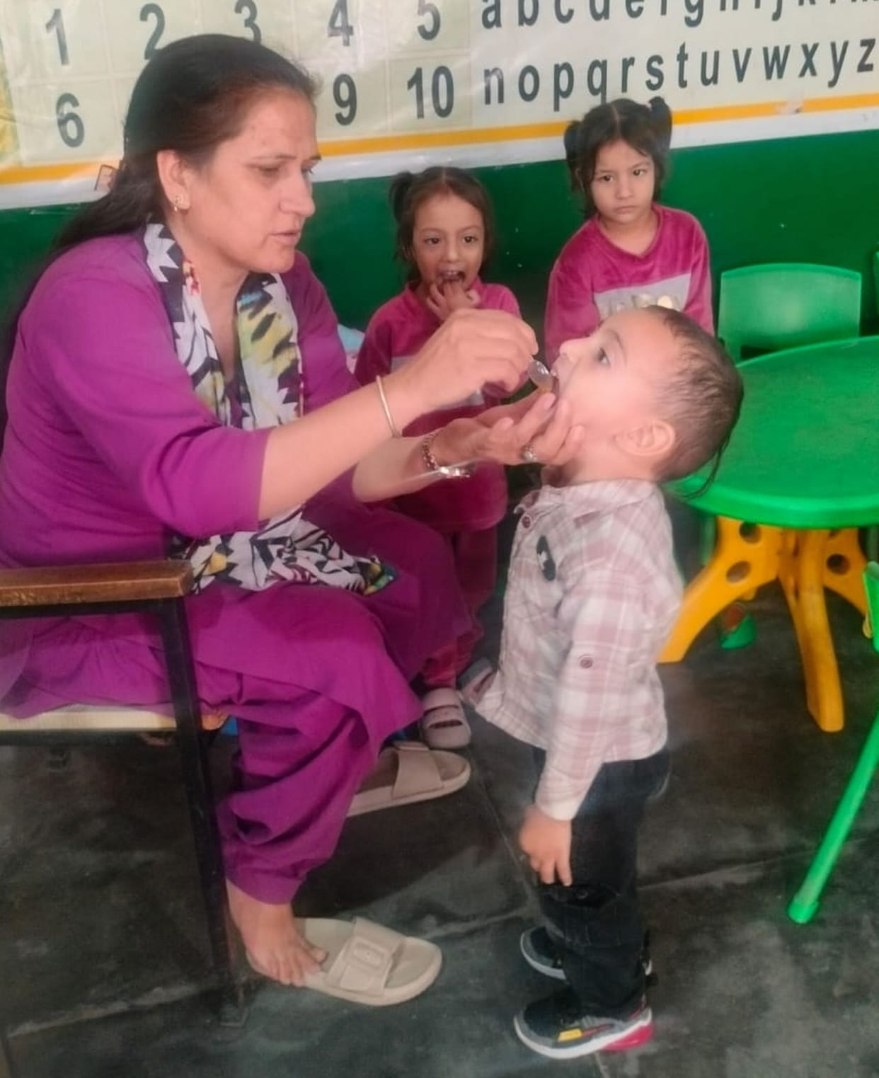 Medicine administered to 20 young children at the Jansali Anganwadi center.