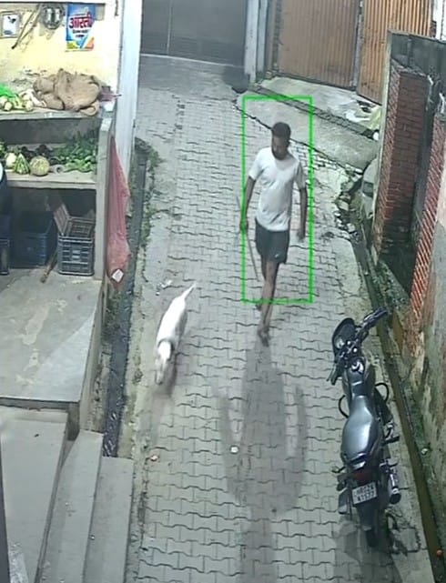 गली में पिटबुल कुत्ते को लेकर जाता आरोपी। सीसीटीवी