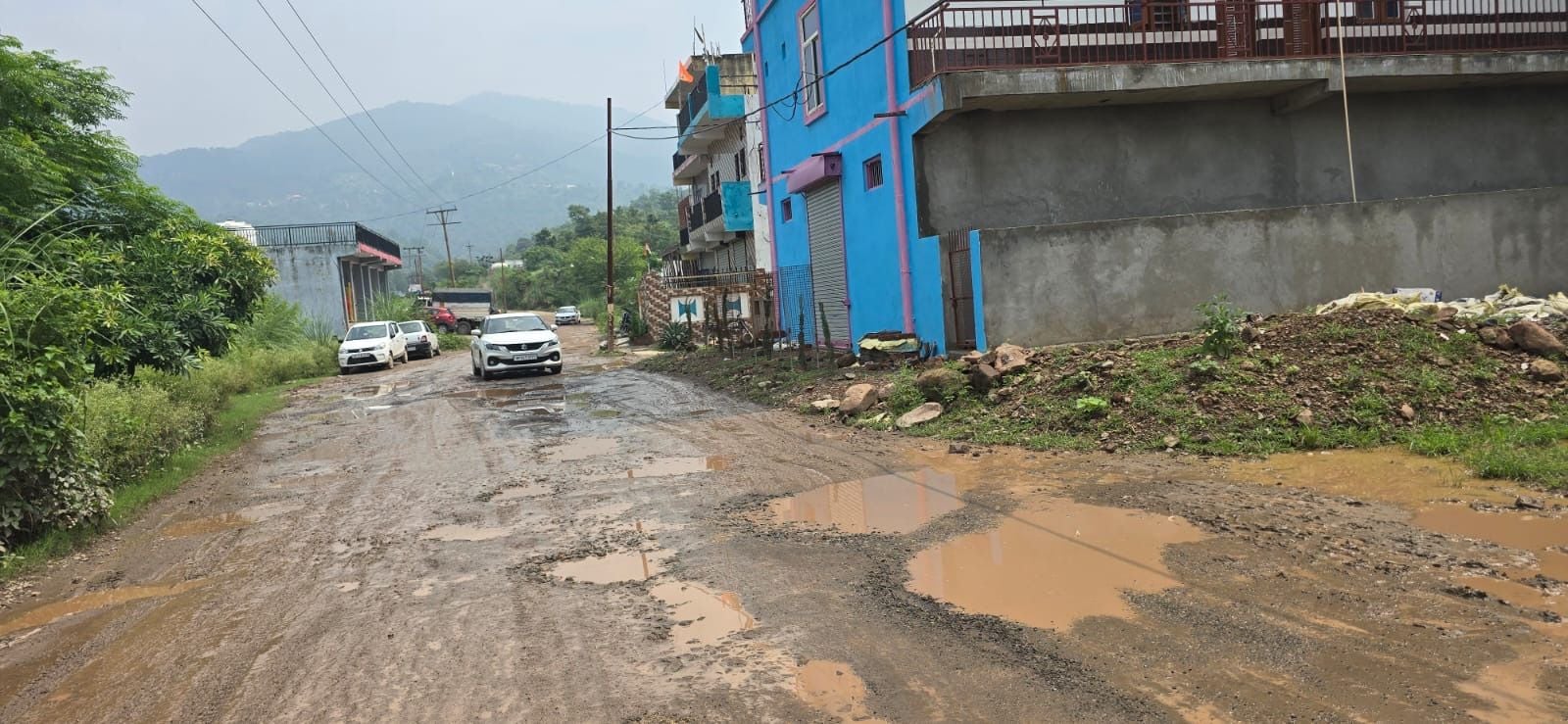 पिंजौर-नालागढ़ राष्ट्रीय राजमार्ग से बद्दी के शीतलपुर जाने वाली मुख्य सड़क पर पड़े गड्ढों में भ