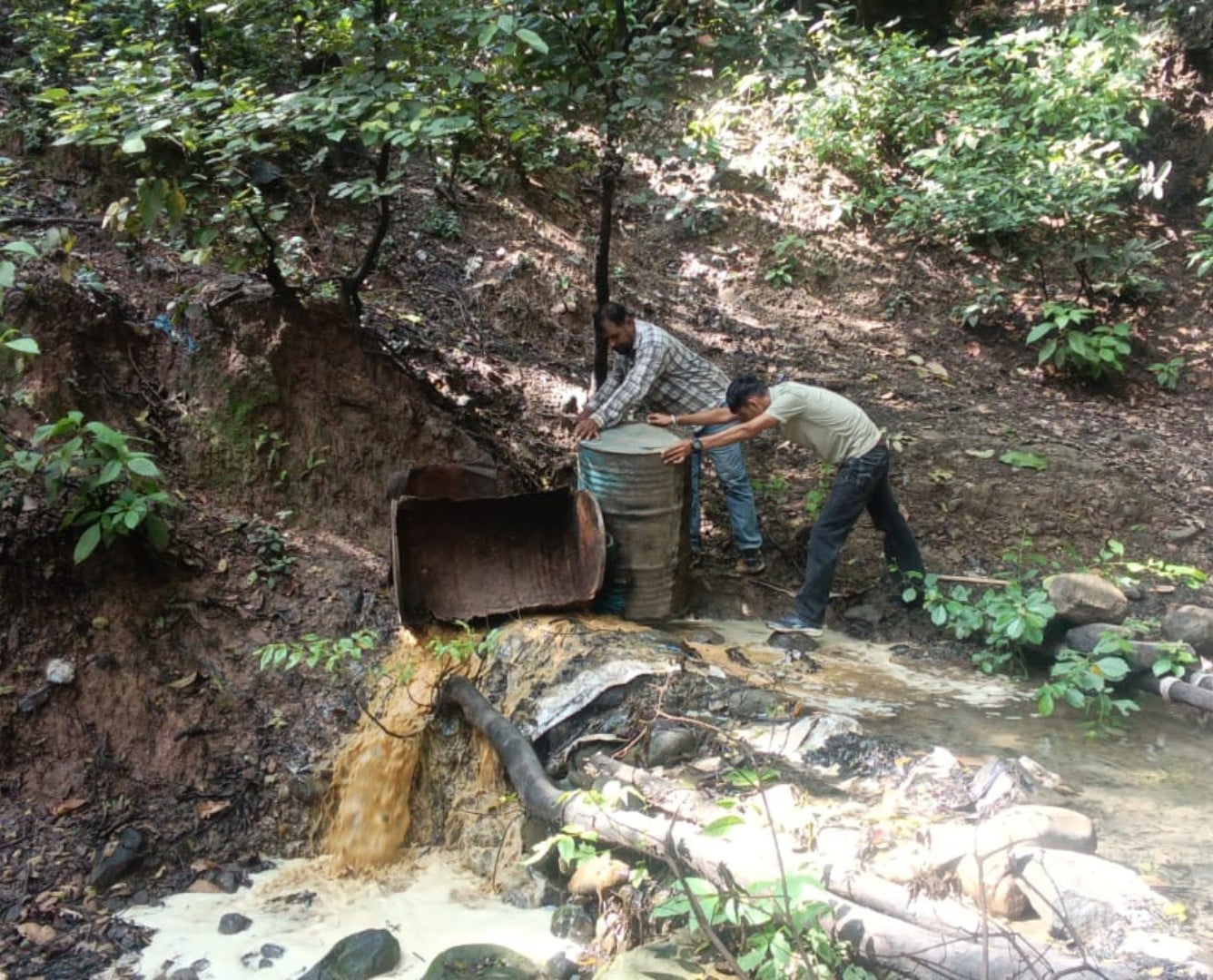 पांवटा साहिब खारा के जंगल में अवैध कच्ची शराब की भट्ठियों वी लाहन को नष्ट करती वन विभाग की टीम।