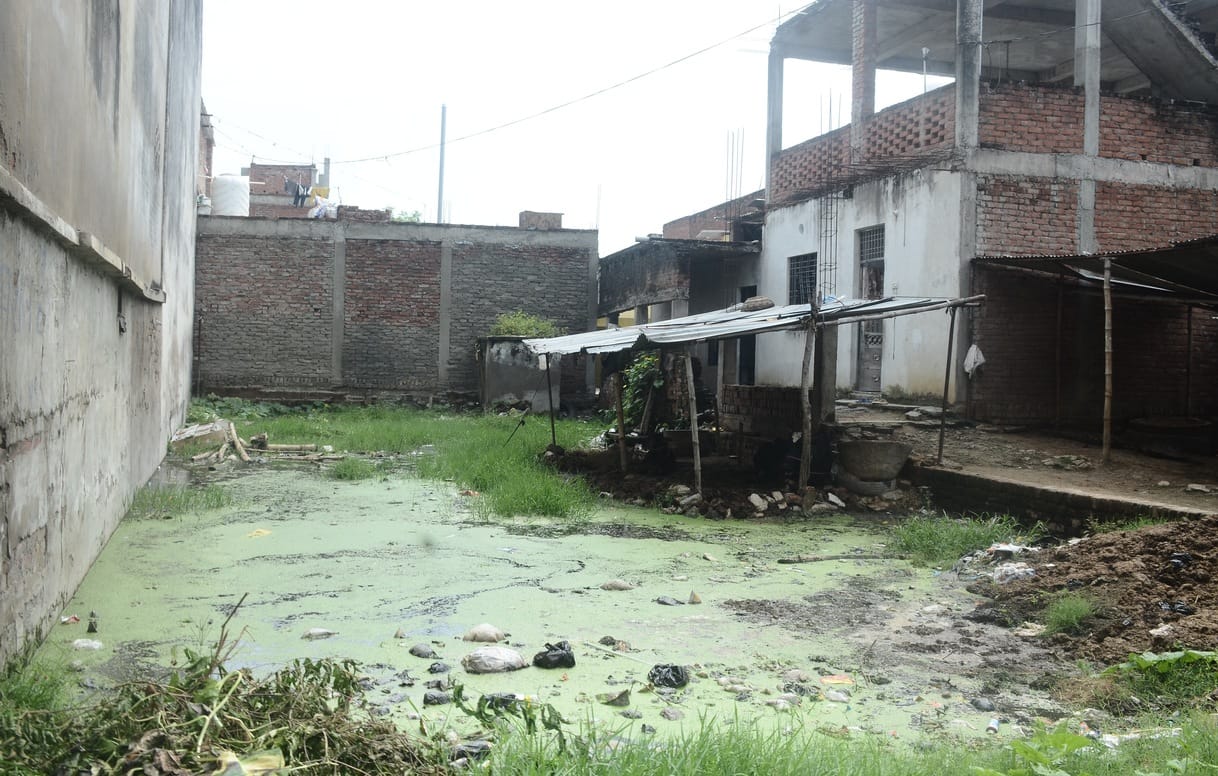 शहर के देवकली मोहल्ले में खाली पड़े प्लाट में भरा बारिश का पानी। संवाद