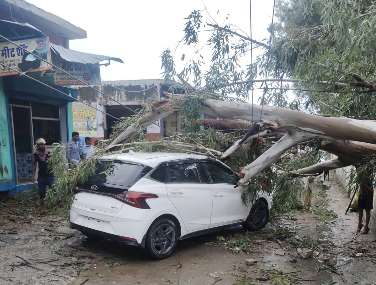 Power supply disrupted by storm; trees fell and several houses were damaged in various locations.