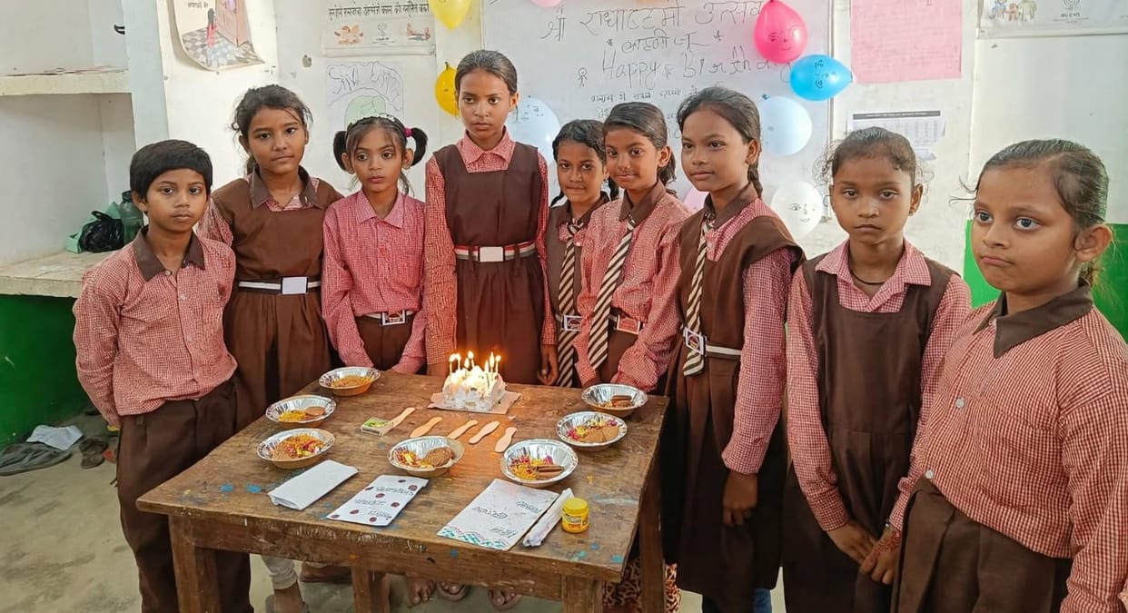 Children celebrated Radha Rani's birthday by cutting a cake