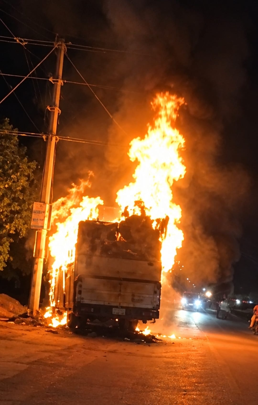 AC bus catches fire after hitting divider