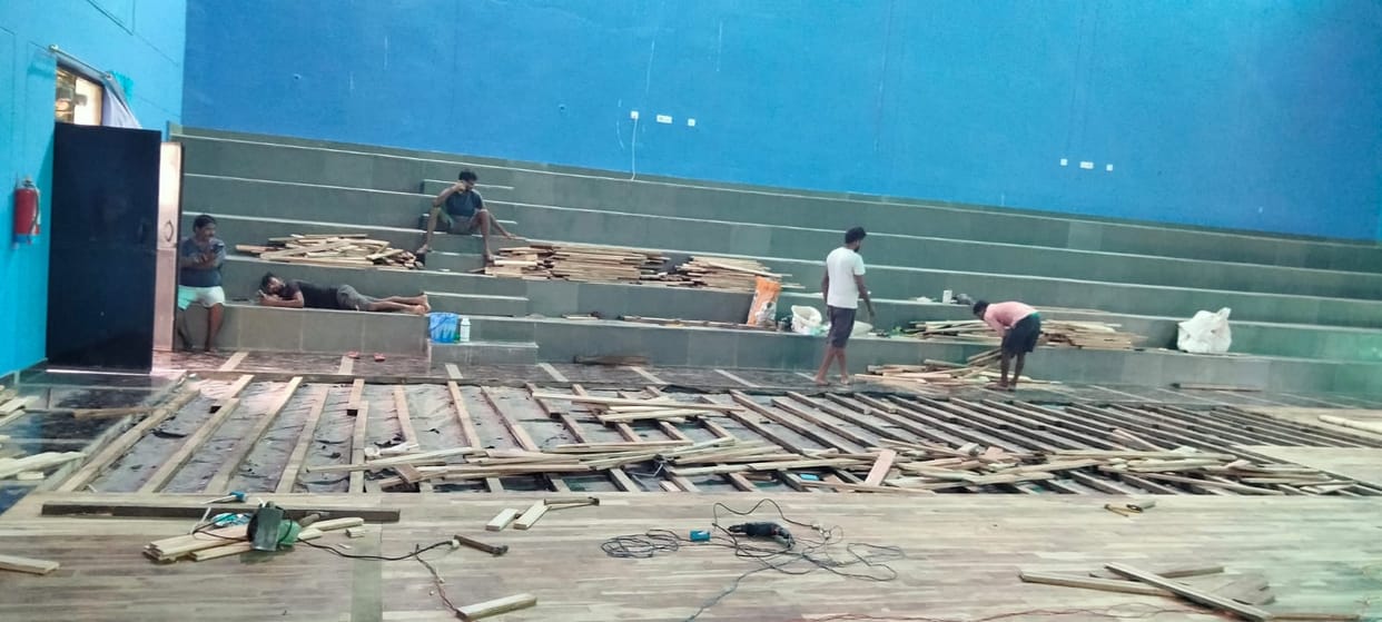 Badminton court falls prey to termites; repair work begins.