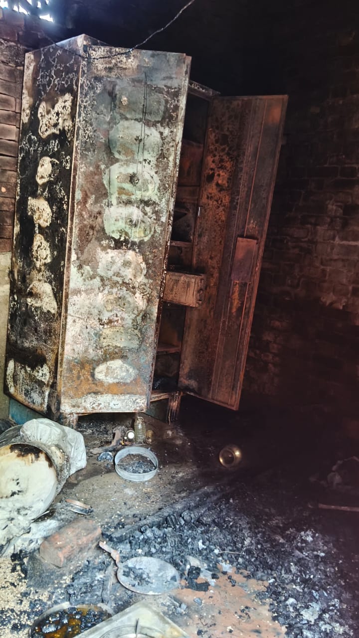 Fire caused by gas leak; household belongings worth lakhs in three homes reduced to ashes.