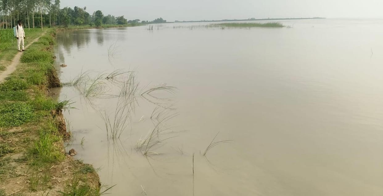 10 bighas of land submerged in the Saryu due to erosion.