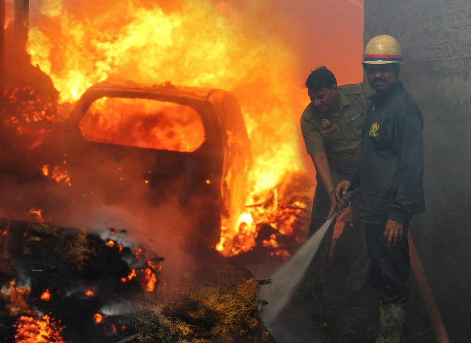 Fire breaks out at a factory manufacturing air cooler cooling pads on Bulandshahr Road.
