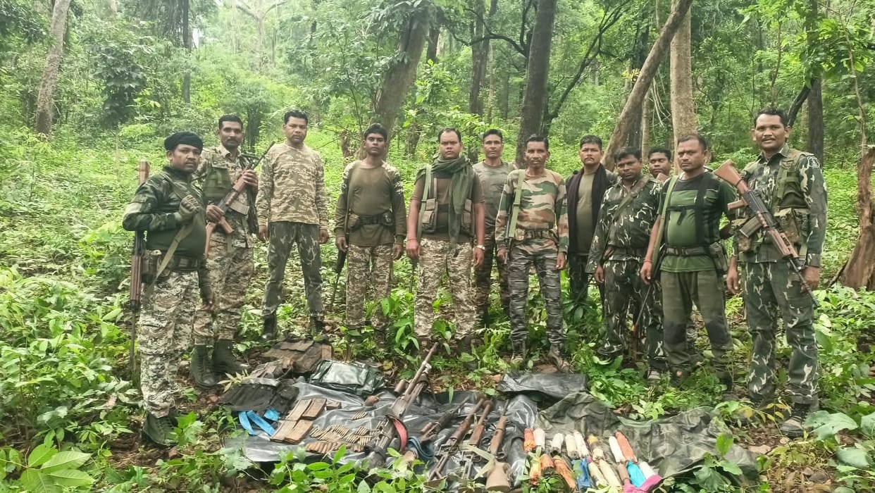 Cache of weapons recovered from a Naxal dump in the Lanka Hill forest of Bedre.