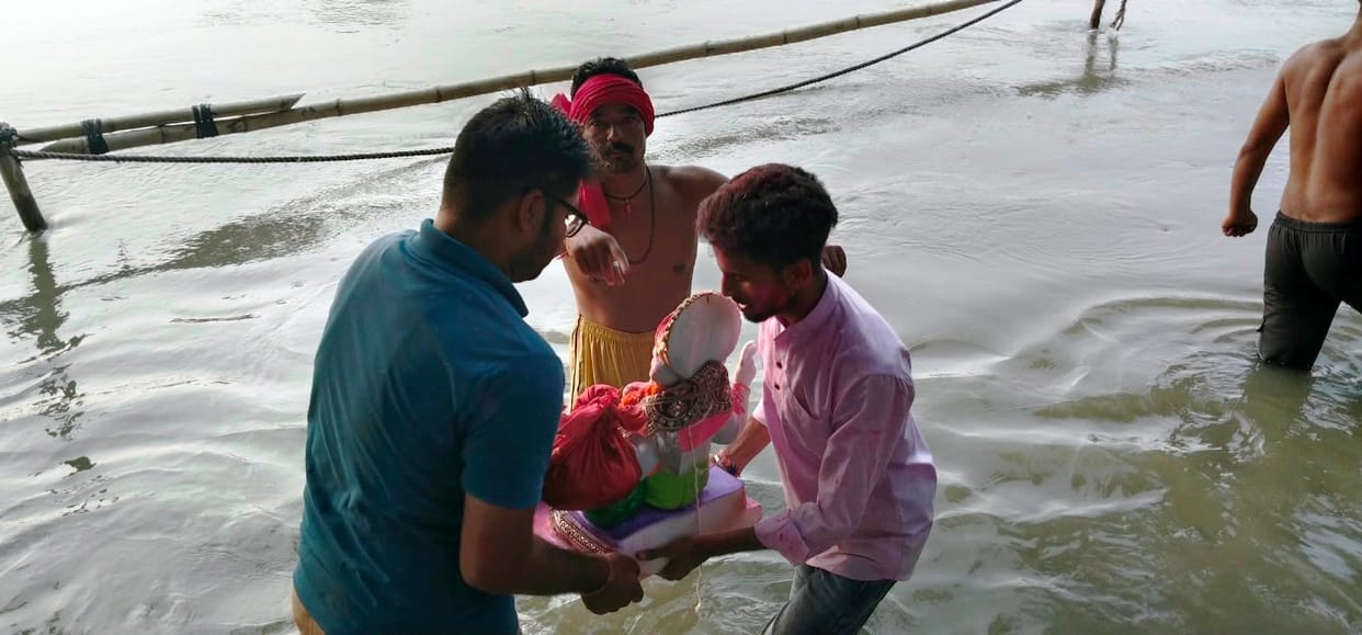 Bappa given an emotional farewell at the Bhola Jhal on the Ganga Canal.