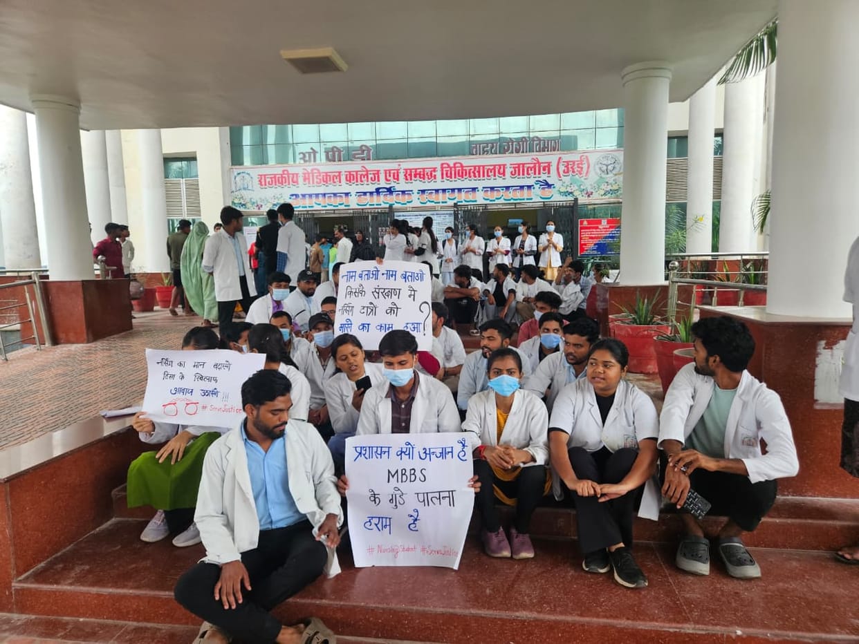 300 nursing students stage sit-in; demand action against MBBS interns.