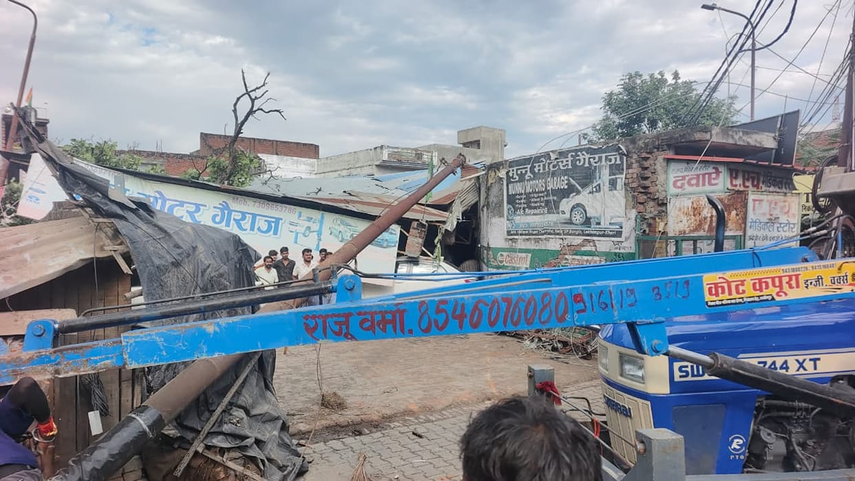 A tree fell on a power line, three poles collapsed, and the power went out for eight hours
