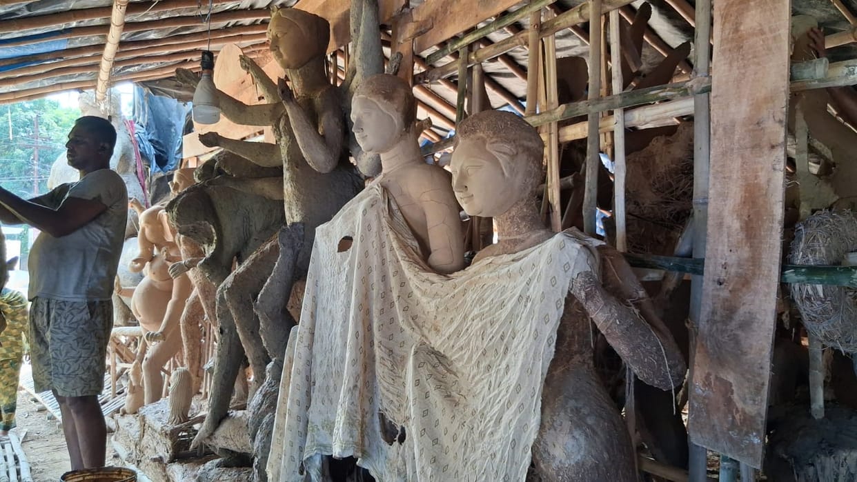Navratri preparations intensify; idols being given their final touches.