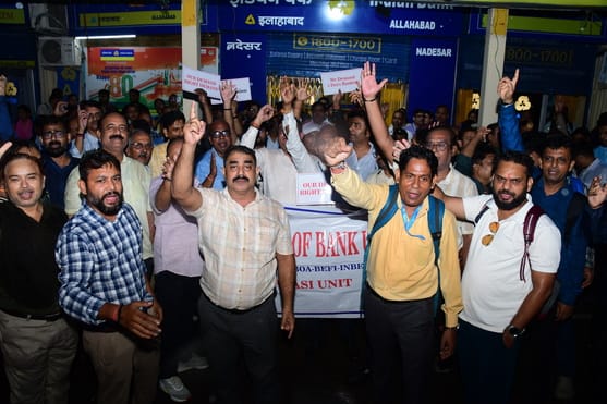Employees staged a protest ahead of the bank strike, demanding the implementation of a five-day banking week