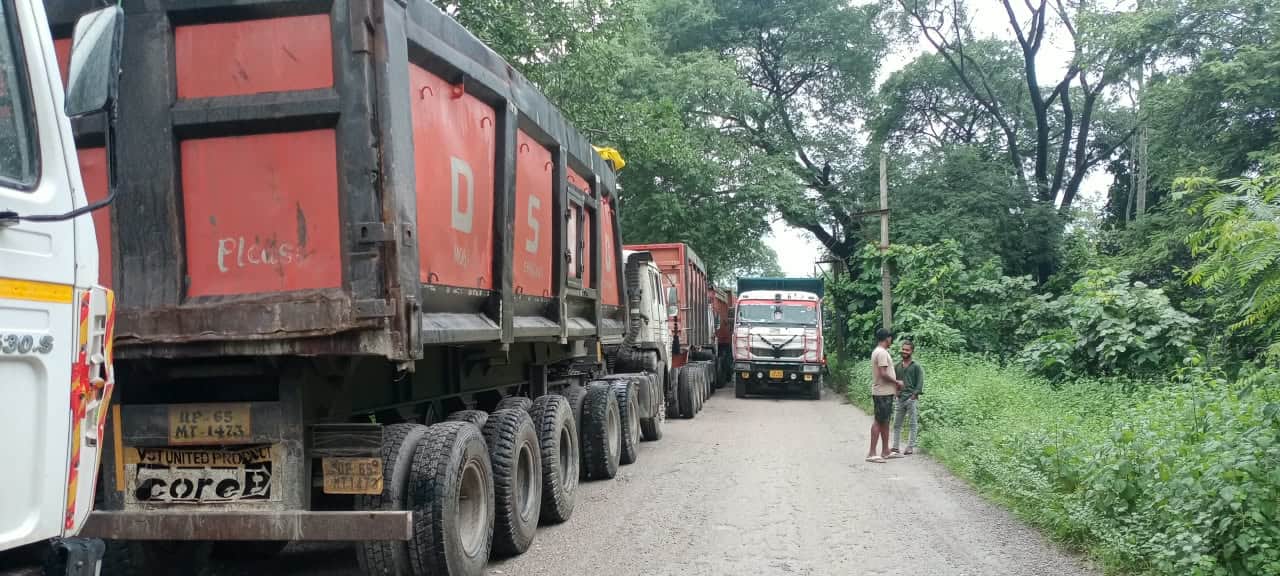 बीजपुर रेणुकूट मार्ग के सेवकाडार के समीप बघोलन के पास बन रही पुलिया के बाईपास मार्ग में ट्रक धस